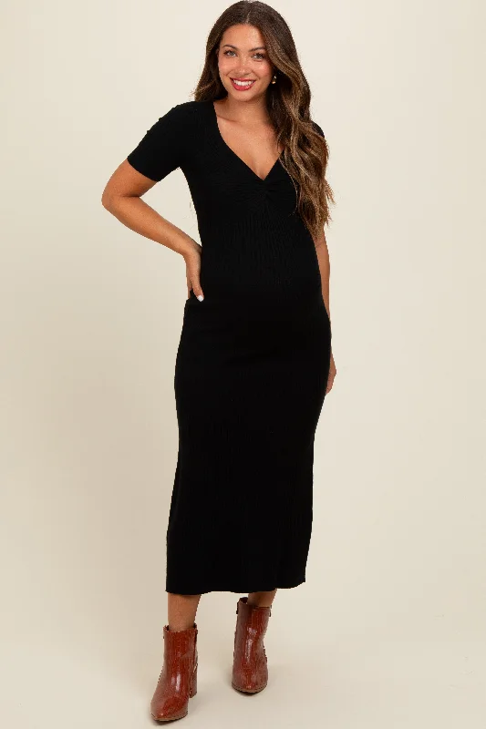 Maternity dress for work in a professional style Black Knit Twisted V-Neck Maternity Maxi Dress Maternity dress for work in a professional style Black Knit Twisted V-Neck Maternity Maxi Dress