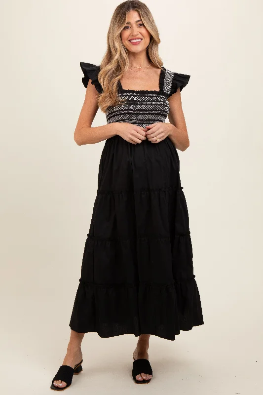 Maternity dress for a baby's first plane ride Black Embroidered Smocked Maternity Midi Dress Maternity dress for a baby's first plane ride Black Embroidered Smocked Maternity Midi Dress