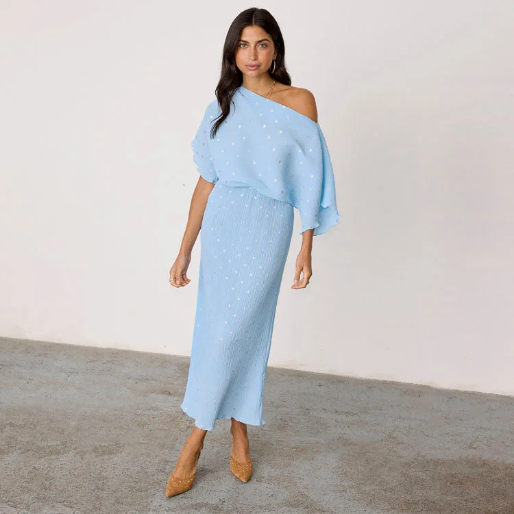 Midi dresses with ruffled bodices for a more pronounced feminine look Ice Blue Plisse Tilly Dress Midi dresses with ruffled bodices for a more pronounced feminine look Ice Blue Plisse Tilly Dress