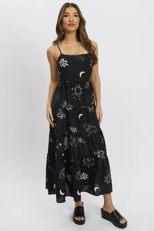 Midi dresses with mesh inserts for a trendy and breathable option Black Abstract Midi Dress Tiered Strappy Midi dresses with mesh inserts for a trendy and breathable option Black Abstract Midi Dress Tiered Strappy