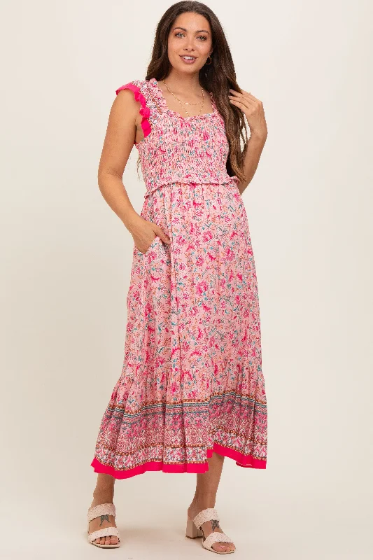 Maternity dress for a picnic in the park Pink Floral Smocked Maternity Midi Dress