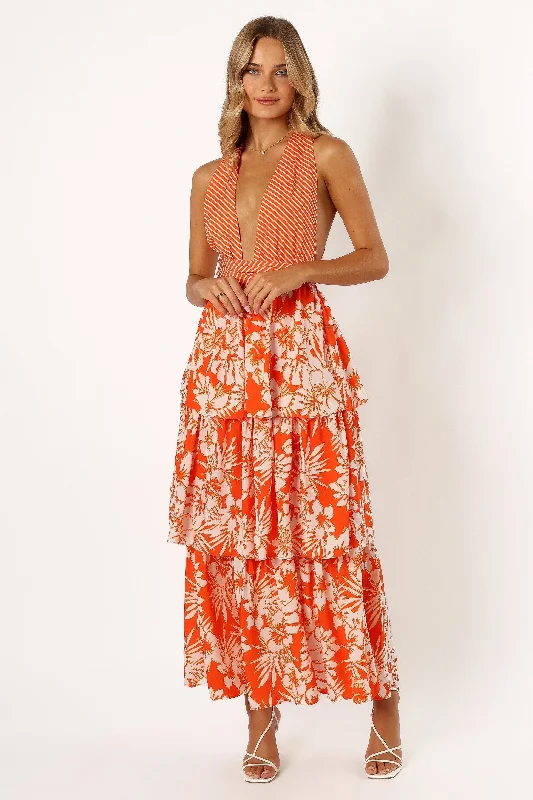 Midi dresses with tassel accents for a bohemian and free - spirited style Calypso Tiered Midi Dress - Orange Midi dresses with tassel accents for a bohemian and free - spirited style Calypso Tiered Midi Dress - Orange