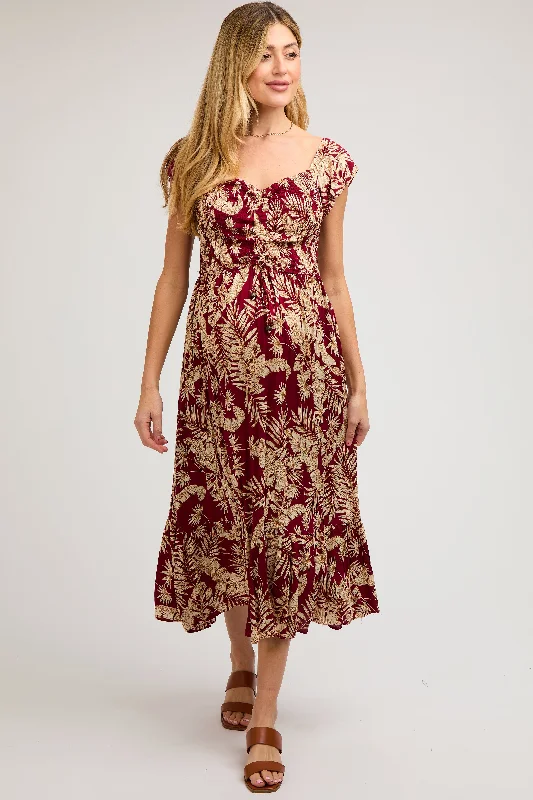 Maternity dress for a spring flower show Burgundy Tropical Print Smocked Short Sleeve Maternity Maxi Dress Maternity dress for a spring flower show Burgundy Tropical Print Smocked Short Sleeve Maternity Maxi Dress