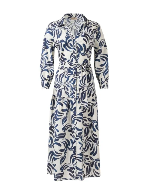  Blue and White Print Cotton Shirt Dress
