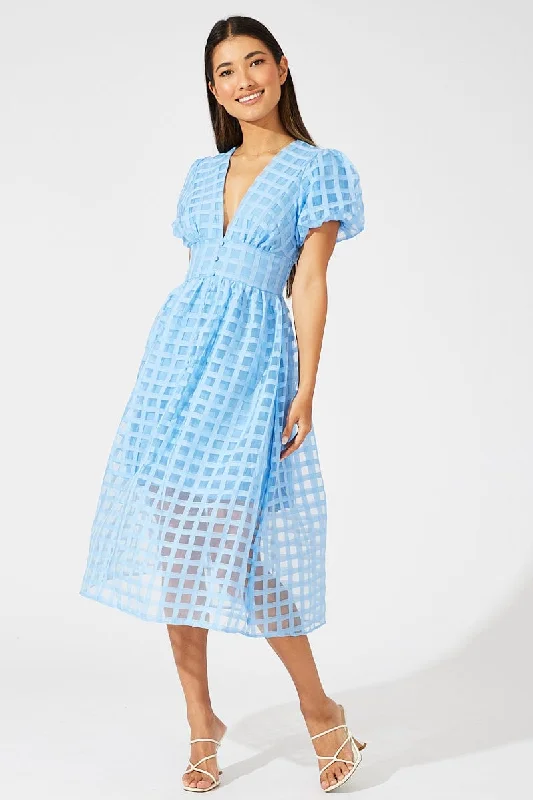 Midi dresses with V - necklines for a flattering and elongating effect Blue Midi Dress Puff Sleeve V-Neck Midi dresses with V - necklines for a flattering and elongating effect Blue Midi Dress Puff Sleeve V-Neck