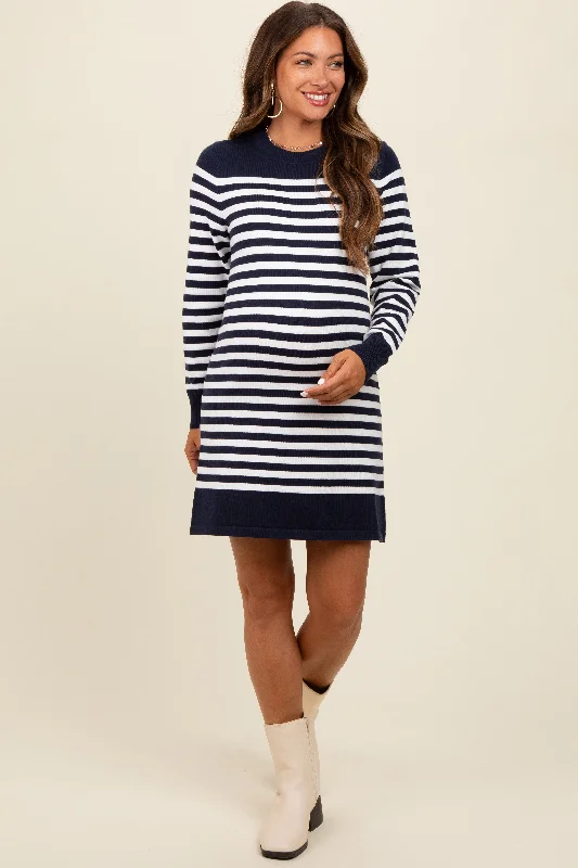 Maternity dress for a baby's first birthday party Navy Striped Long Sleeve Knit Maternity Mini Dress