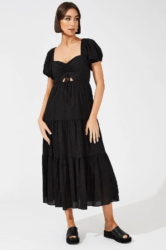 Midi dresses with tiered skirts for a bohemian festival look Black Midi Dress Puff Sleeve Ruch Front Midi dresses with tiered skirts for a bohemian festival look Black Midi Dress Puff Sleeve Ruch Front