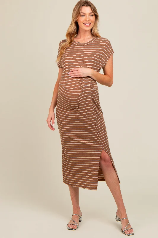 Maternity dress for a baby's first visit to the botanic garden Brown Striped Gathered Waist Maternity Dress Maternity dress for a baby's first visit to the botanic garden Brown Striped Gathered Waist Maternity Dress