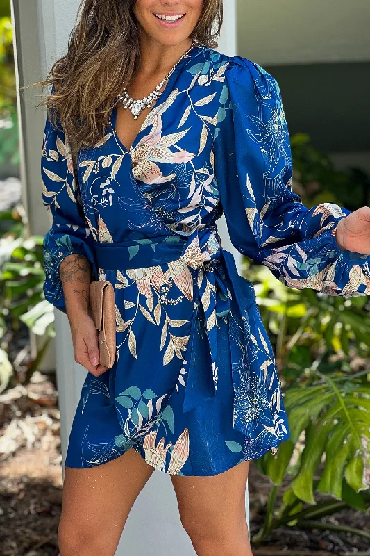 Everyday Dress with Embroidered Flowers for a Dainty Look Navy Floral Satin Wrap Short Dress Everyday Dress with Embroidered Flowers for a Dainty Look Navy Floral Satin Wrap Short Dress
