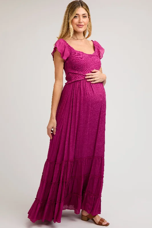 Maternity dress for a baby's first visit to the sensory garden Violet Smocked Crossover Off Shoulder Maternity Maxi Dress Maternity dress for a baby's first visit to the sensory garden Violet Smocked Crossover Off Shoulder Maternity Maxi Dress