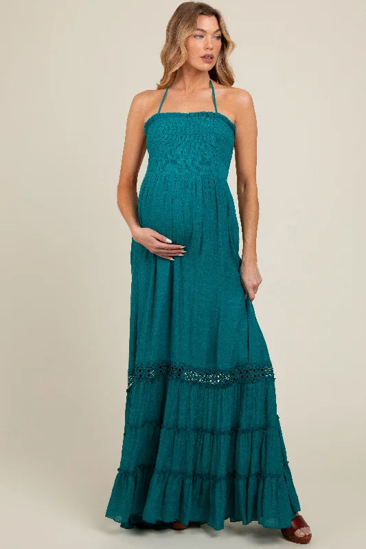 Maternity dress for a baby's first haircut Teal Smocked Open Back Maternity Maxi Dress Maternity dress for a baby's first haircut Teal Smocked Open Back Maternity Maxi Dress