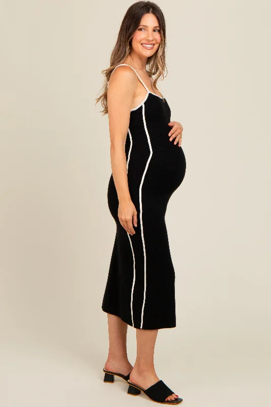 Maternity dress for a mountain getaway Black Contrast Border Knit Maternity Midi Dress Maternity dress for a mountain getaway Black Contrast Border Knit Maternity Midi Dress