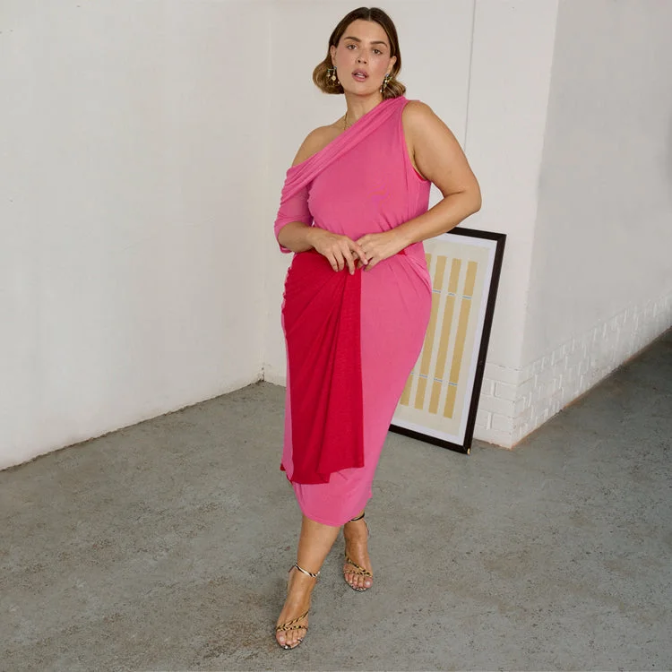 Midi dresses with one - shoulder designs for a modern and asymmetric style Pink and Red Ella Wrap Dress Midi dresses with one - shoulder designs for a modern and asymmetric style Pink and Red Ella Wrap Dress