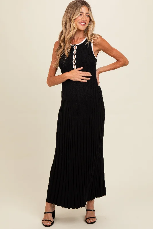 Maternity dress for a baby's first visit to the secret garden Black Ribbed Knit Button Detail Sleeveless Maternity Maxi Dress Maternity dress for a baby's first visit to the secret garden Black Ribbed Knit Button Detail Sleeveless Maternity Maxi Dress