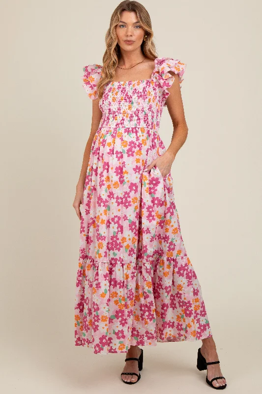 Maternity dress for a bridal shower as a hostess Pink Floral Smocked Ruffle Sleeve Maternity Maxi Dress Maternity dress for a bridal shower as a hostess Pink Floral Smocked Ruffle Sleeve Maternity Maxi Dress