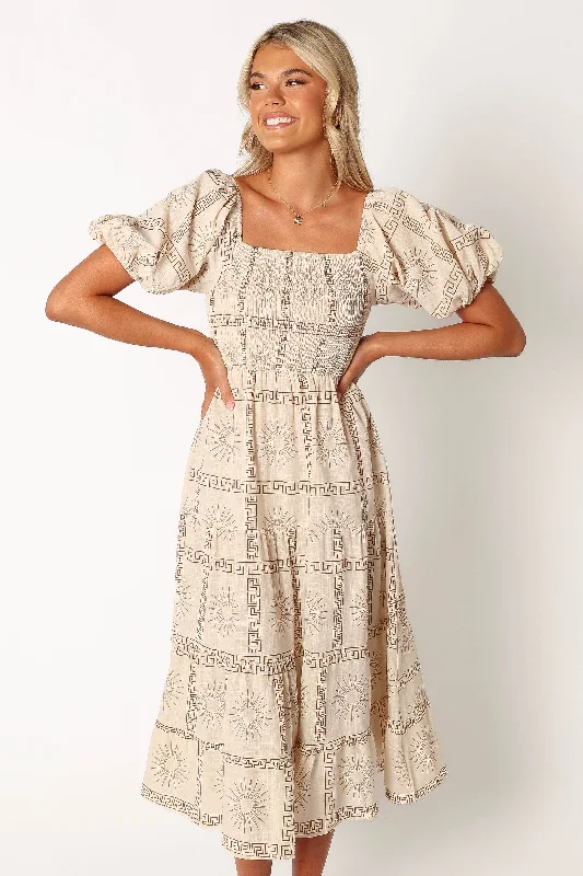Midi dresses with cotton - blend materials for everyday comfort Soliel Puff Sleeve Midi Dress - White Tan Midi dresses with cotton - blend materials for everyday comfort Soliel Puff Sleeve Midi Dress - White Tan
