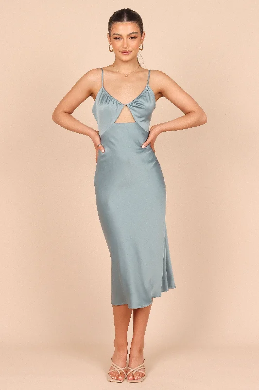Midi dresses with V - necklines for a flattering and elongating effect Poppy Cut Out Midi Dress - Blue Midi dresses with V - necklines for a flattering and elongating effect Poppy Cut Out Midi Dress - Blue