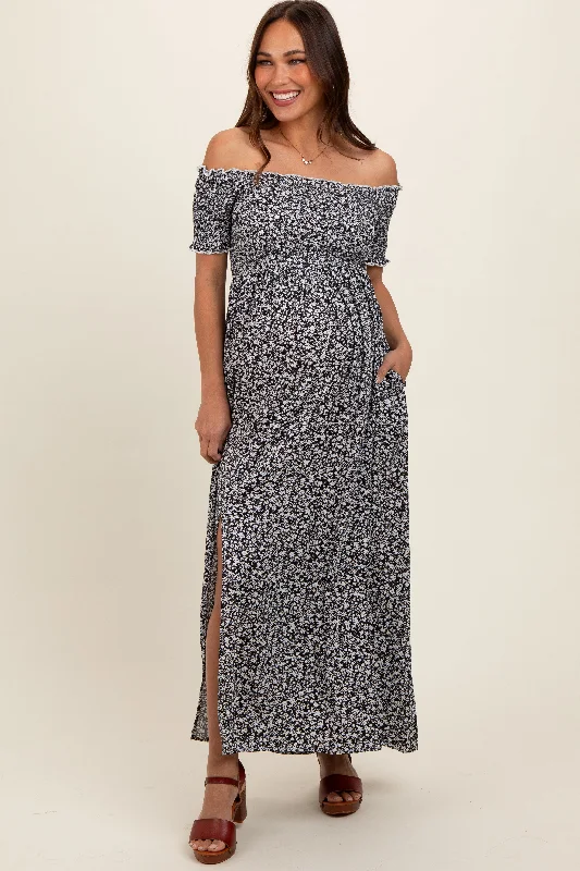 Maternity dress for a baby's first visit to the vertical garden Black Floral Smocked Fitted Sleeve Side Slit Maternity Maxi Dress Maternity dress for a baby's first visit to the vertical garden Black Floral Smocked Fitted Sleeve Side Slit Maternity Maxi Dress