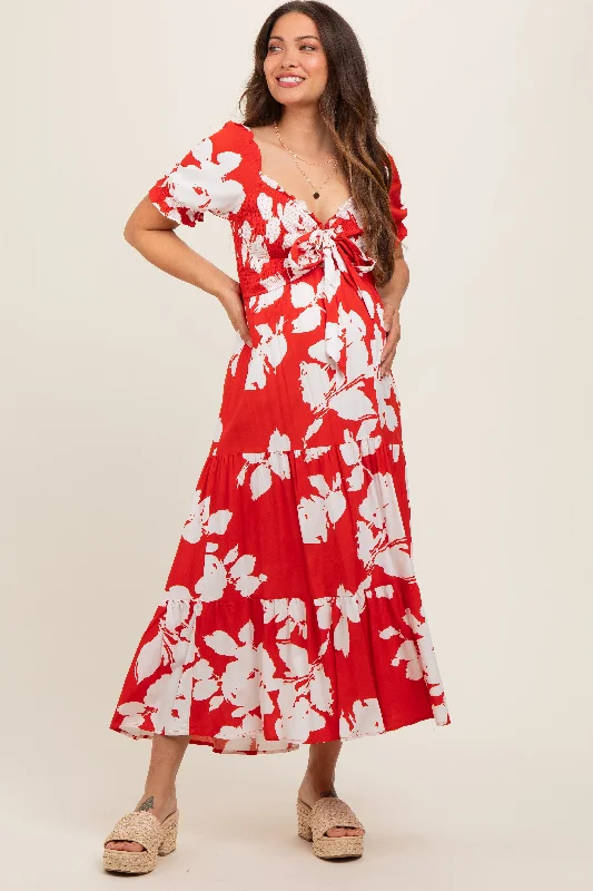 Maternity dress for a baby's first visit to the indoor garden Red Floral Smocked Knotted Top Maternity Maxi Dress