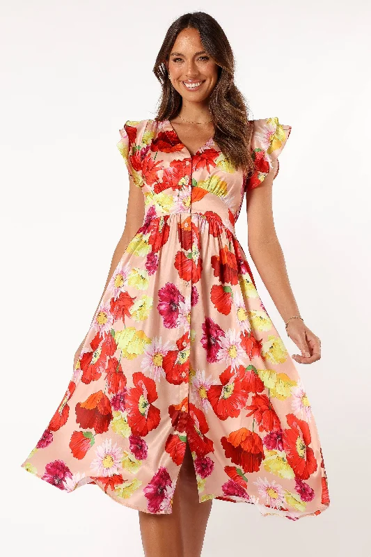 Midi dresses with lace - up fronts for a unique and adjustable style Larkspur Midi Dress - Floral Midi dresses with lace - up fronts for a unique and adjustable style Larkspur Midi Dress - Floral