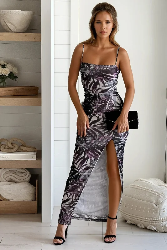  White And Purple Printed Maxi Dress With Slit