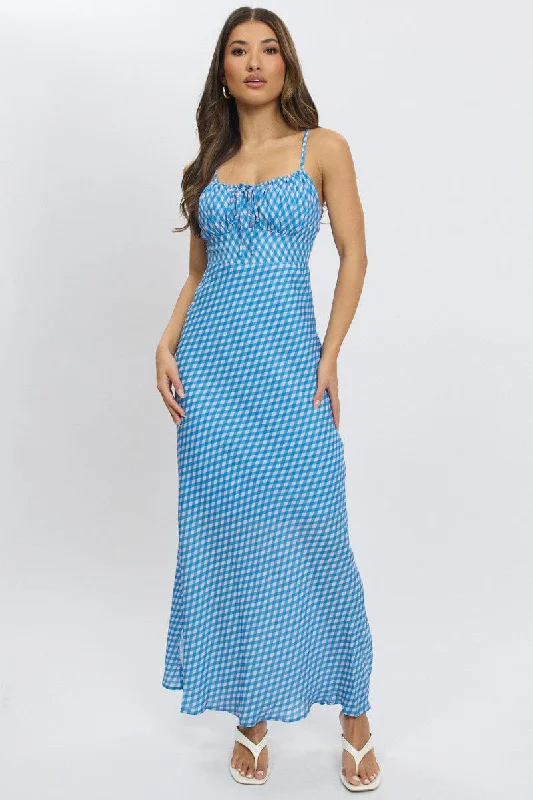 Midi dresses with tassel accents for a bohemian and free - spirited style Blue Check Midi Dress Gathering Bust Sleeveless Midi dresses with tassel accents for a bohemian and free - spirited style Blue Check Midi Dress Gathering Bust Sleeveless