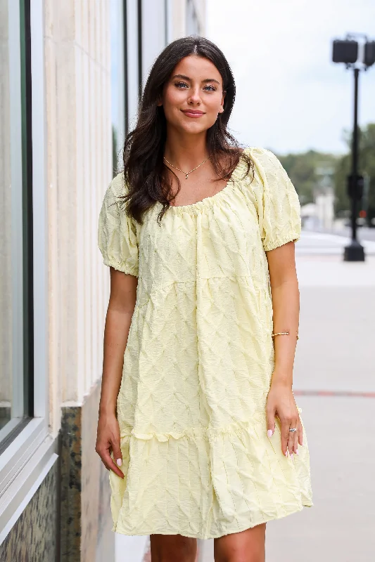 Everyday Dress with Gathering on the Skirt for a Voluminous Look FINAL SALE - Stunning Presence Yellow Textured Mini Dress Everyday Dress with Gathering on the Skirt for a Voluminous Look FINAL SALE - Stunning Presence Yellow Textured Mini Dress