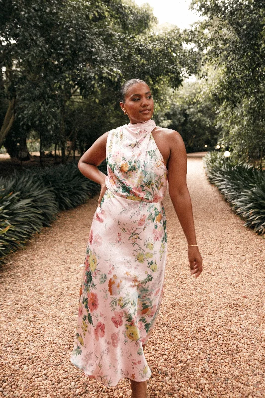Midi dresses with fringe details for a fun and energetic style Anabelle Halter Neck Midi Dress - Pink Floral Midi dresses with fringe details for a fun and energetic style Anabelle Halter Neck Midi Dress - Pink Floral