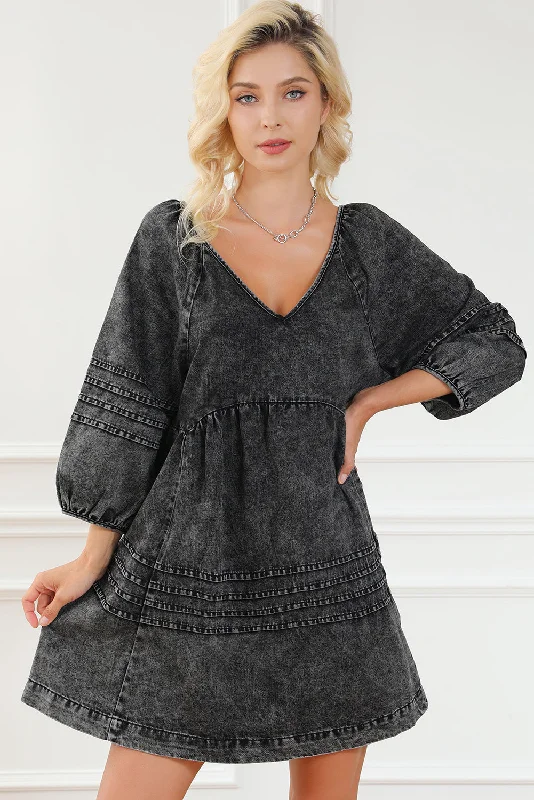  Flair Tie-Back V-Neck Mini Denim Dress