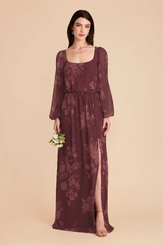Maternity dress with side ruching to accommodate bump Eloise Chiffon Dress - Sangria Whimsical Blooms Maternity dress with side ruching to accommodate bump Eloise Chiffon Dress - Sangria Whimsical Blooms