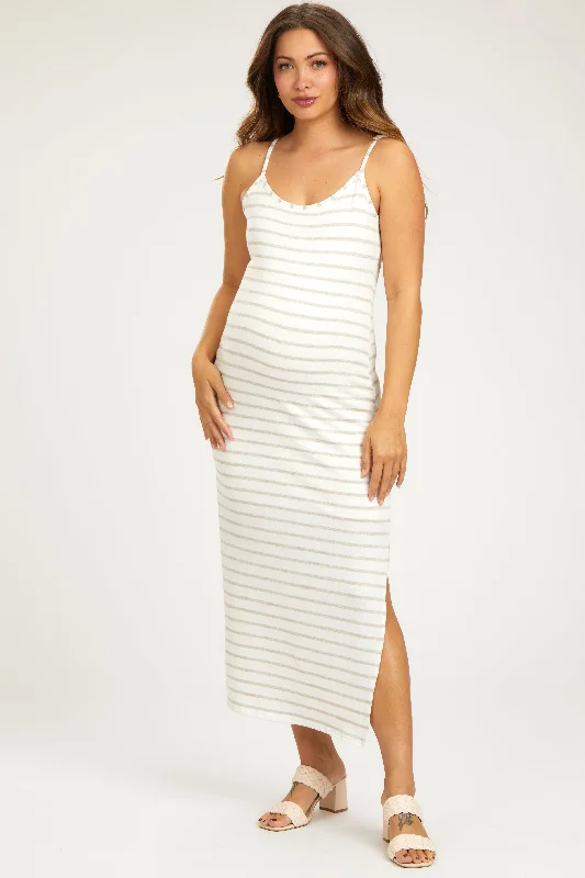 Maternity dress for a baby's first visit to the theater Mocha Striped Knit Side Slit Sleeveless Maternity Midi Dress Maternity dress for a baby's first visit to the theater Mocha Striped Knit Side Slit Sleeveless Maternity Midi Dress