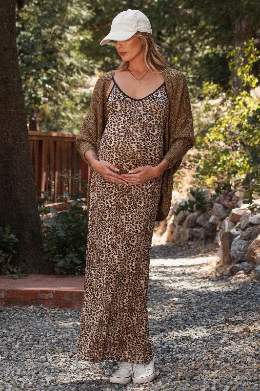 Maternity denim dress for a casual vibe Brown Animal Print Fitted Maternity Maxi Dress Maternity denim dress for a casual vibe Brown Animal Print Fitted Maternity Maxi Dress
