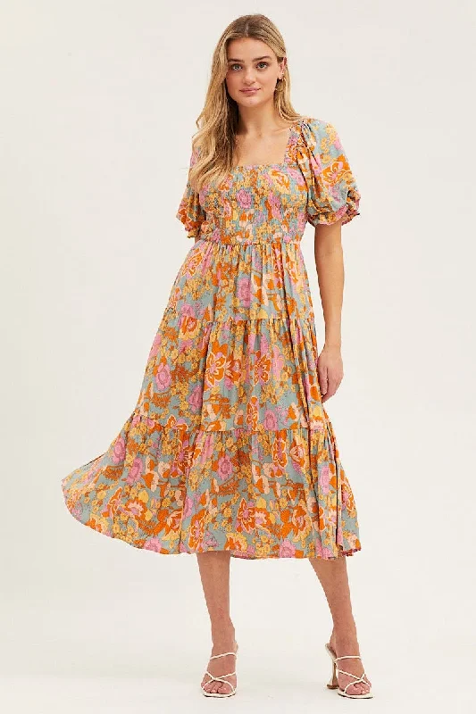 Midi dresses with sheer panels for a touch of allure Print Dress Puff Sleeve Maxi