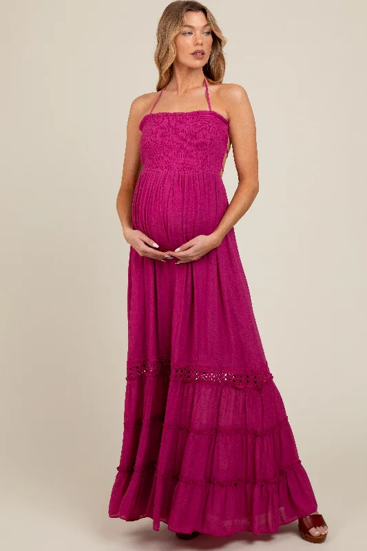 Maternity dress for a gender reveal party Purple Smocked Open Back Maternity Maxi Dress Maternity dress for a gender reveal party Purple Smocked Open Back Maternity Maxi Dress