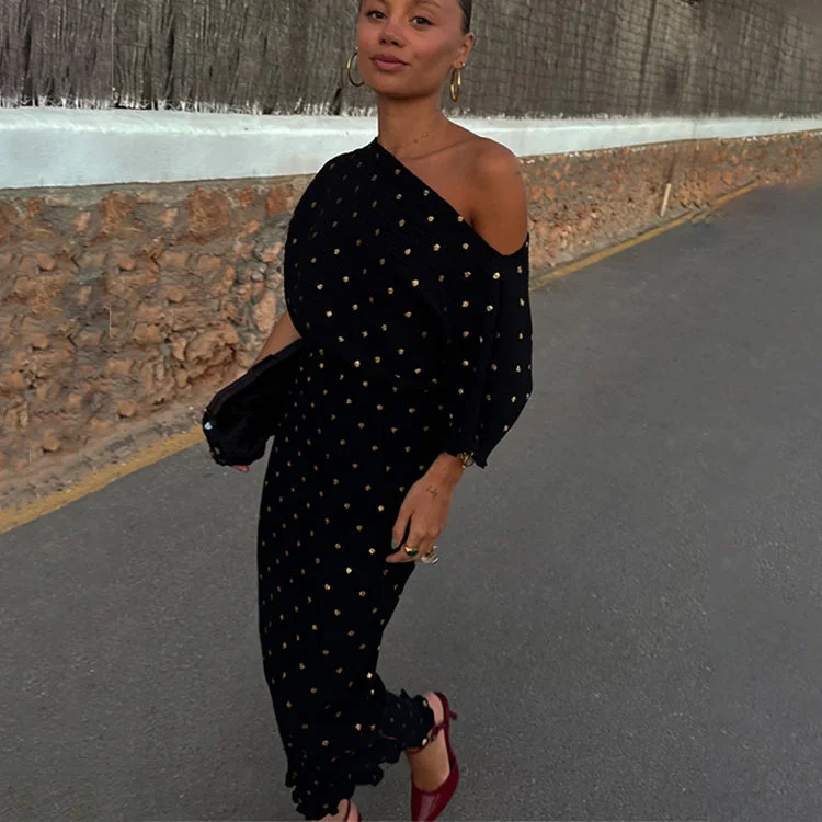 High - low midi dresses with geometric patterns for a modern party Black Tilly Plisse Dress with Gold Fleck High - low midi dresses with geometric patterns for a modern party Black Tilly Plisse Dress with Gold Fleck