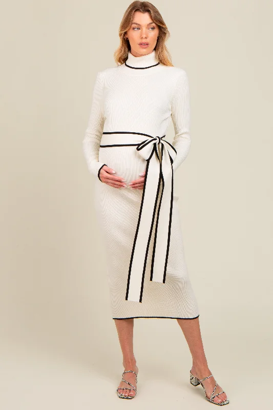 Maternity dress for a baby's first visit to the orchard Ivory Contrast Trim Turtleneck Maternity Sweater Dress Maternity dress for a baby's first visit to the orchard Ivory Contrast Trim Turtleneck Maternity Sweater Dress