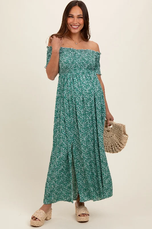 Maternity dress for a baby's first visit to the farm Green Floral Smocked Fitted Sleeve Side Slit Maternity Maxi Dress Maternity dress for a baby's first visit to the farm Green Floral Smocked Fitted Sleeve Side Slit Maternity Maxi Dress