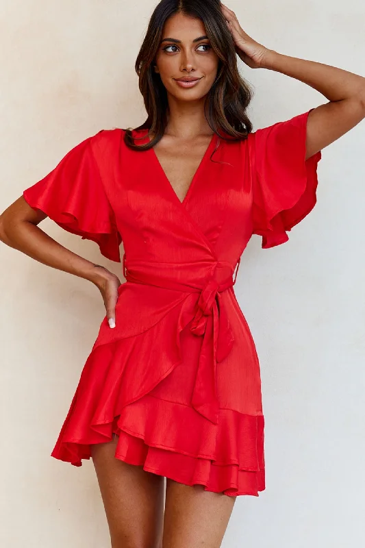 Ruffled mini dresses for a romantic touch Cami Angel Sleeve Faux Wrap Dress Red