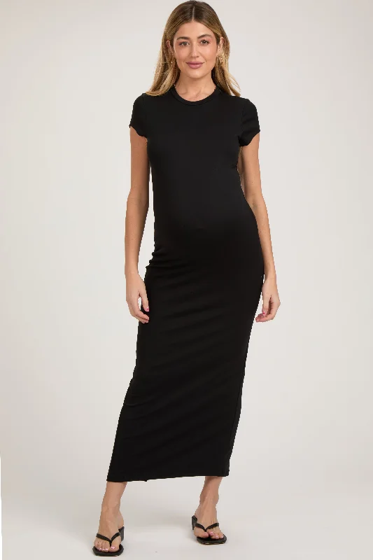 Maternity dress for a garden party Black Fitted Short Sleeve Maternity Maxi Dress