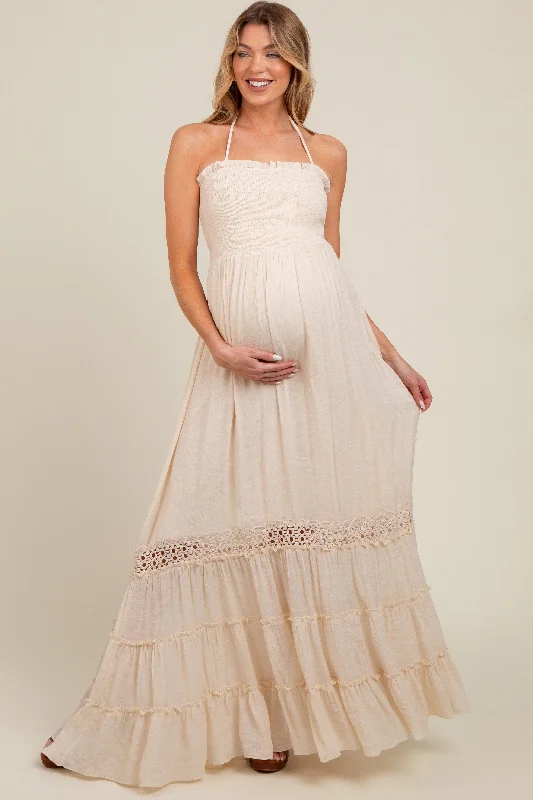 Maternity dress for a baby's first visit to the planetarium Cream Smocked Open Back Maternity Maxi Dress Maternity dress for a baby's first visit to the planetarium Cream Smocked Open Back Maternity Maxi Dress