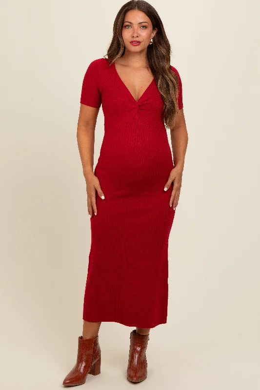 Maternity dress for a baby's first visit to the forest Red Knit Twisted V-Neck Maternity Maxi Dress Maternity dress for a baby's first visit to the forest Red Knit Twisted V-Neck Maternity Maxi Dress