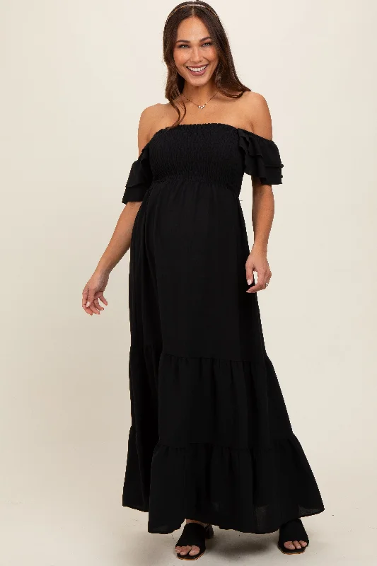 Maternity dress for a friend's wedding as a guest Black Smocked Ruffle Off Shoulder Tiered Maternity Maxi Dress Maternity dress for a friend's wedding as a guest Black Smocked Ruffle Off Shoulder Tiered Maternity Maxi Dress