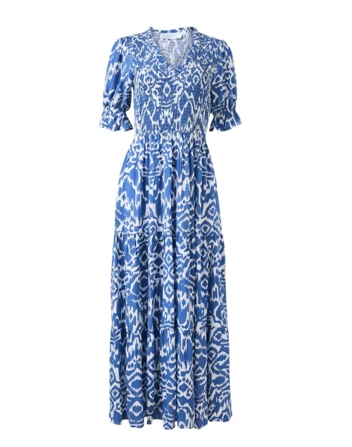Everyday Dress with Breathable Linen - cotton Blend for Summer Nancy Blue Ikat Print Dress Everyday Dress with Breathable Linen - cotton Blend for Summer Nancy Blue Ikat Print Dress