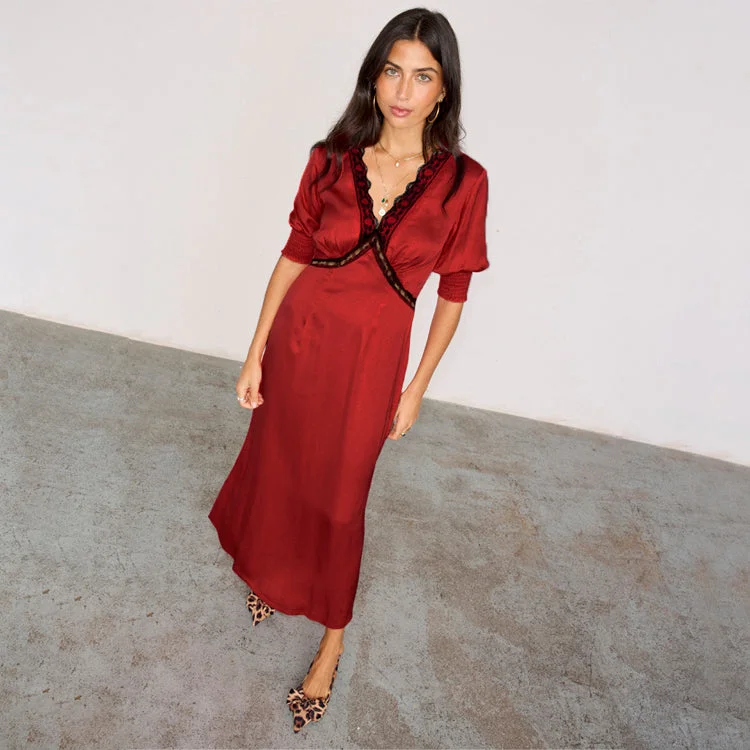 Midi dresses with sheer panels for a touch of allure Deep Red Lace May Dress