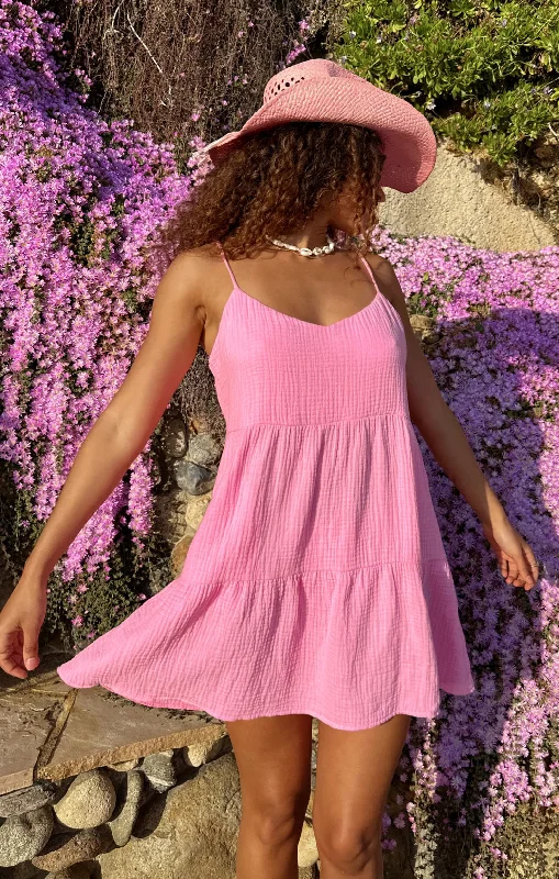 Mini dresses with cold - shoulder designs Caroline Mini Dress ~ Bubblegum Gauze