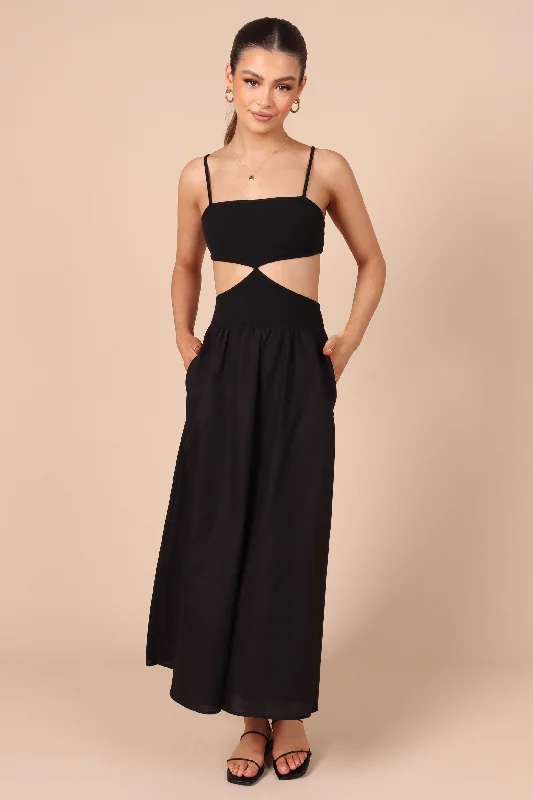 Midi dresses with asymmetric hems for a fashion - forward and dynamic appearance Mina Cut Out Dress - Black Midi dresses with asymmetric hems for a fashion - forward and dynamic appearance Mina Cut Out Dress - Black