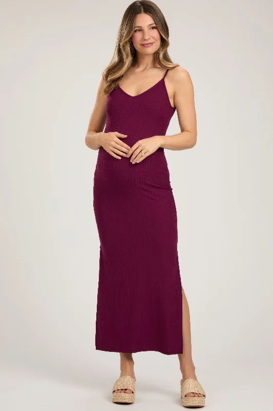 Maternity dress for a baby's first visit to the opera Burgundy Ribbed Side Slit Maternity Maxi Dress Maternity dress for a baby's first visit to the opera Burgundy Ribbed Side Slit Maternity Maxi Dress
