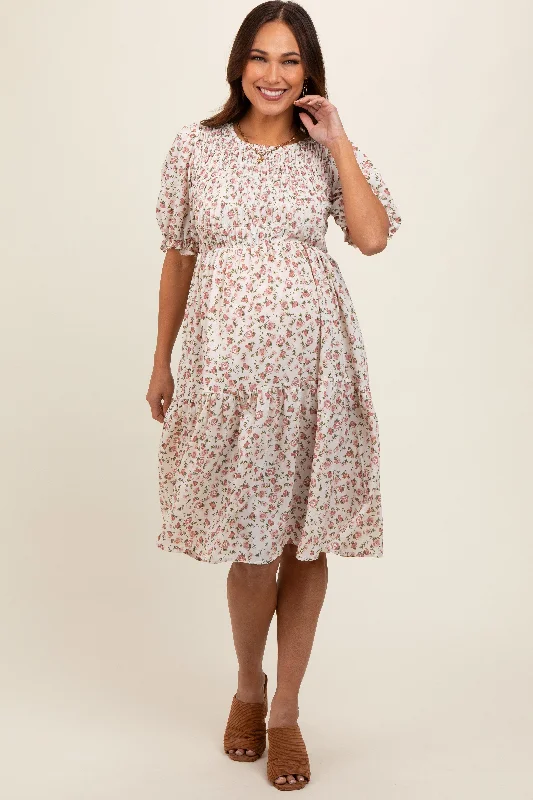 Maternity dress for a baby's first visit to the botanic garden Cream Floral Smocked Maternity Midi Dress