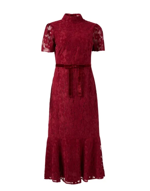 Everyday Dress with Solid - color Bodice and Printed Skirt for a Contrast Look Pierre Red Lace Dress Everyday Dress with Solid - color Bodice and Printed Skirt for a Contrast Look Pierre Red Lace Dress
