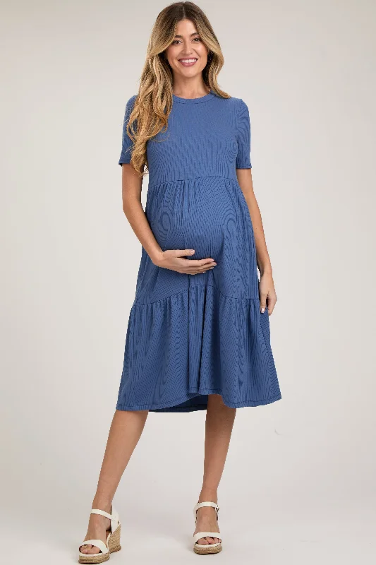 Maternity dress for a baby's first visit to the winery Blue Ribbed Tiered Maternity Midi Dress Maternity dress for a baby's first visit to the winery Blue Ribbed Tiered Maternity Midi Dress